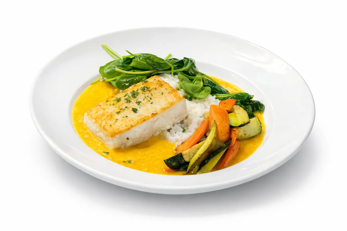 Pan-seared fish with rice, spinach, and vegetables