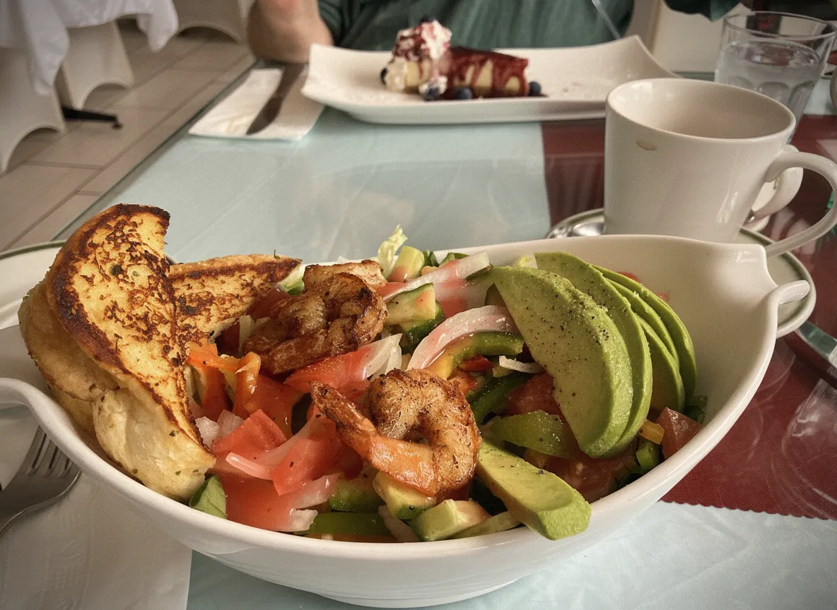 Shrimp and avocado salad with toast